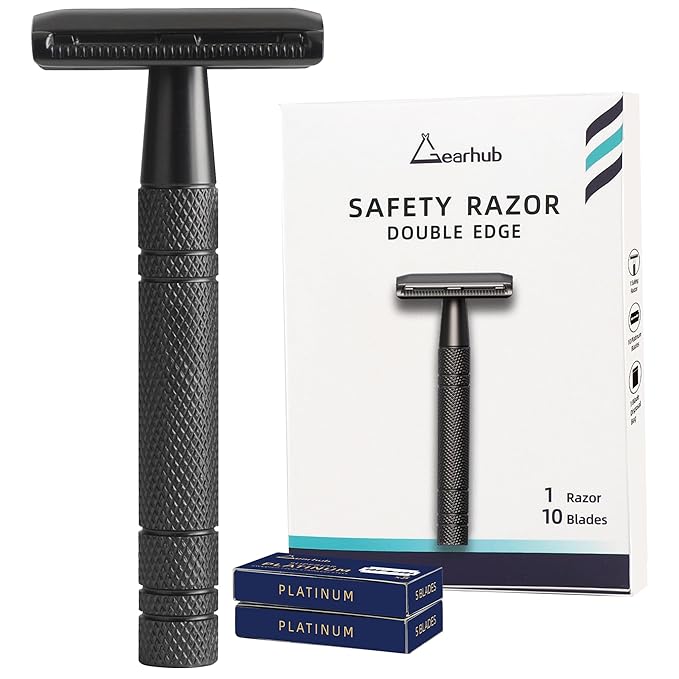 Gearhub Double Edge Safety Razor Reusable Stainless Metal Wet Shaving Razor with 10 Swedish Platinum Blades for Men Women Barber Bikini Armpit Hair, Matte Black GRB2D