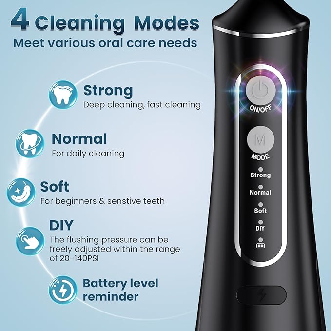 Water Flosser for Teeth Cleaning, 300ML Portable Cordless Oral Irrigator with DIY Strength, 4 Modes, IPX7 Waterproof & 30-Day Battery, 2-Min Smart Timer for Home/Travel Dental Care