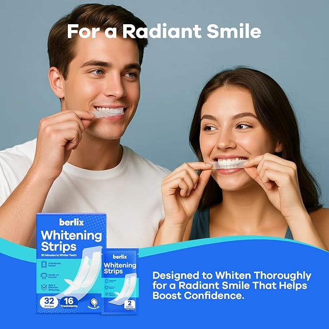 Teeth Whitening Strips (16 Treatments, 32 Count), Enamel Safe for Teeth Whitener, Whitening Strips with Coconut Oil, Formulated to Be Gentle & Non Slip and Quick-Dry, Stains Removal