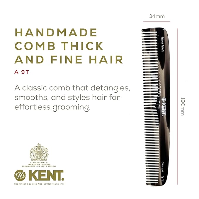 Kent 9T Black Graphite Fine Tooth and Wide Tooth Comb Detangler Hair Combs - Large Handmade and Saw-Cut Dressing Combs - Wet Hair Comb for Women and Durable Grooming for Men Made in England