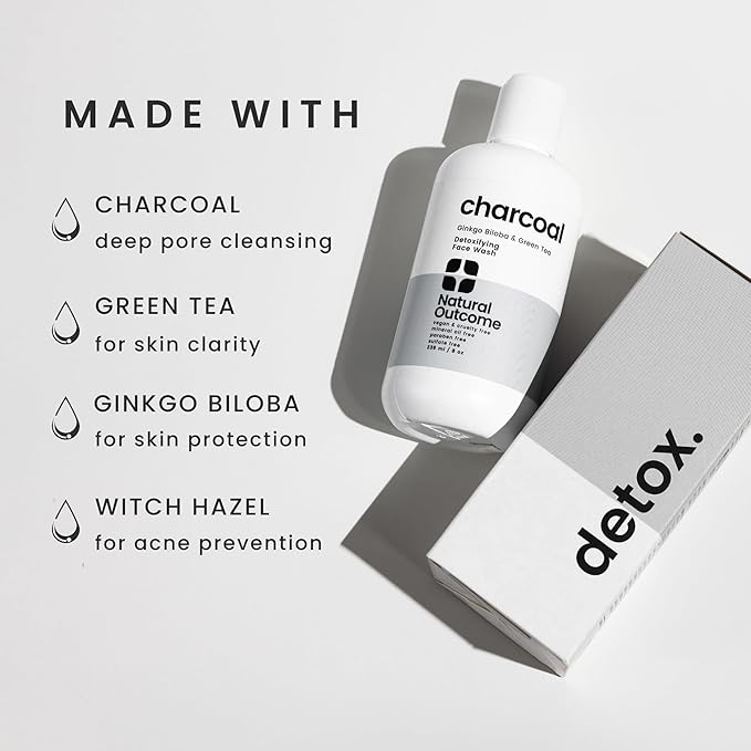 natural outcome Charcoal Face Wash | Daily Detoxifying Charcoal Cleanser for Acne | Deep Pore Cleanser Hydrates & Purifies Skin with Green Tea, Aloe Vera, & Ginkgo Biloba | For Men & Women | 8 oz