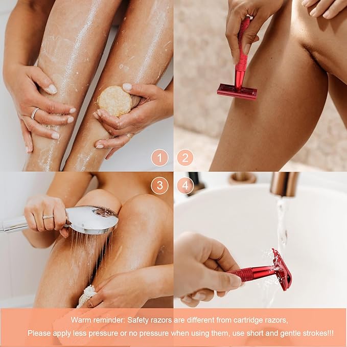 Safety Razor for Women and Men, Single Blade Razors, Reusable Metal Womens Razors for Shaving, with 10 Stainless Steel Double Edge Blades, Smooth and Close Shave, Plastic Free, Red