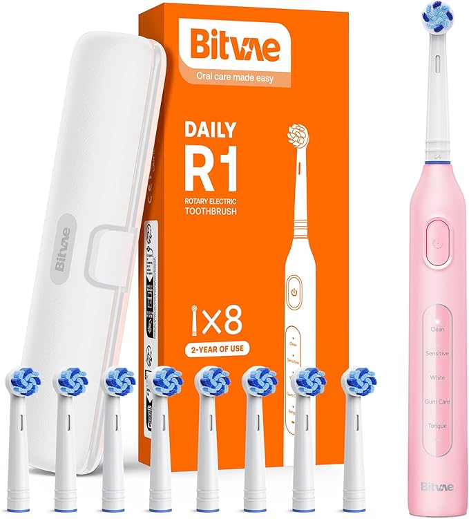 Bitvae R1 Rotating Electric Toothbrush with 8 Brush Heads for Adults and Kids, 5 Modes Rechargeable Power Toothbrush, 3 Hours Fast Charge for 60 Days, Brushing Timer, Pink