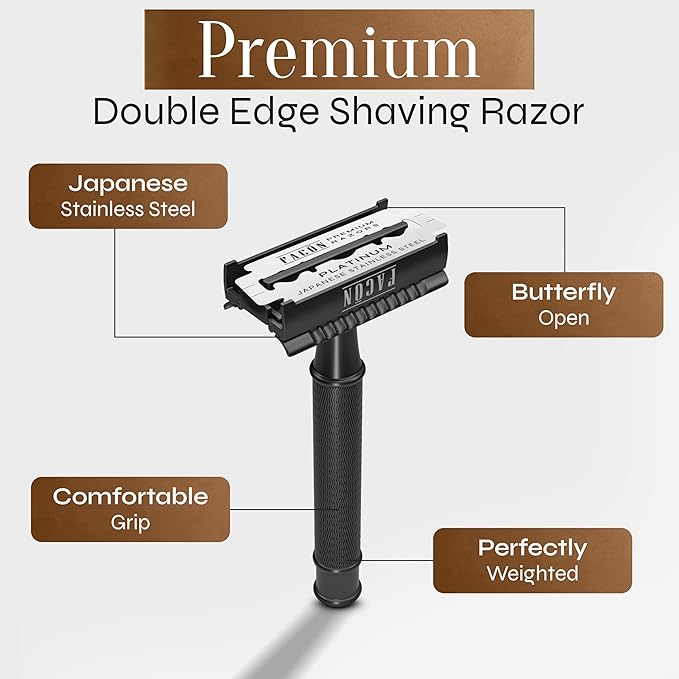 Facón Double Edge Safety Razor for Men & Women - Butterfly Open Stainless Steel Razor w/ 50 Platinum Double Edge Safety Razor Blades, Single Blade Razor for Smooth Close Shave, Reusable & Eco-Friendly