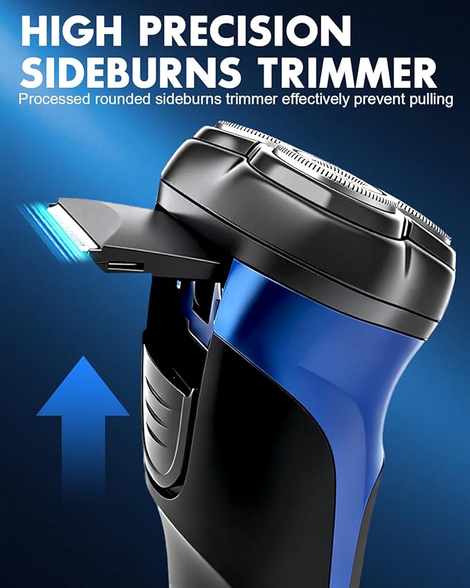 Electric Razor for Men with Pop-up Trimmer, 3D Floating Cordless Electric Shaver, Rechargeable Cordless Shavers for Men, Type-C, Long Runtime, Plug & Play, Blue
