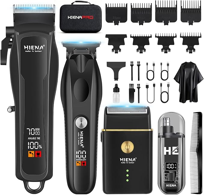HIENA PRO Hair Clippers for Men Professional, Cordless Barber Clipper T-Blade Beard/Hair Trimmer Electric Razor Foil Shaver Set, Men's Hair Cutting Kit with LED Display, Barber or Home Use