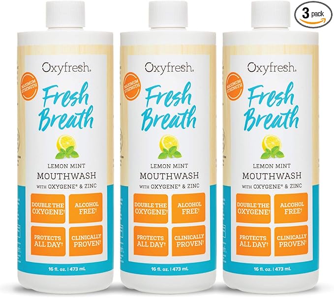Oxyfresh Lemon Mint Fresh Breath Mouthwash – Bad Breath Treatment – SLS & Fluoride Free – Alcohol Free, Gentle Nonburning with Xylitol & Essential Oils – 16 Fl Oz (Pack of 3)