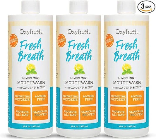 Oxyfresh Lemon Mint Fresh Breath Mouthwash – Bad Breath Treatment – SLS & Fluoride Free – Alcohol Free, Gentle Nonburning with Xylitol & Essential Oils – 16 Fl Oz (Pack of 3)