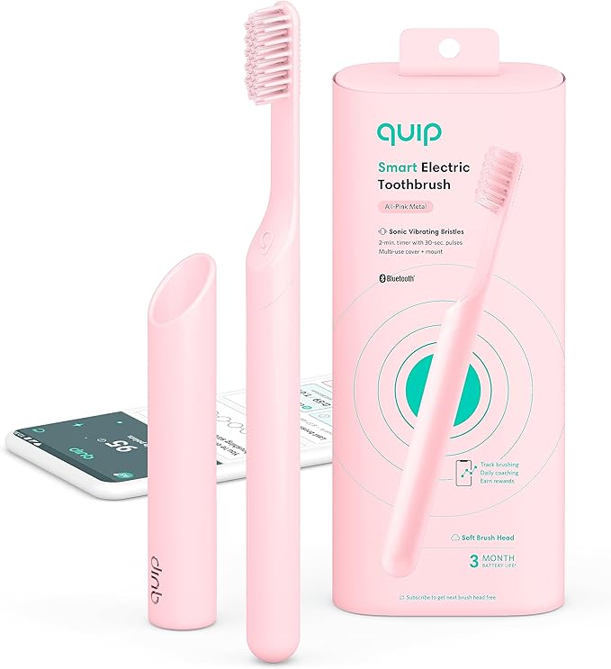 Quip Smart Sonic Toothbrush for Adults - Timed Electric Toothbrush with Bluetooth & Rewards App - Replaceable Brush Head, Soft Bristles, Metal Handle, 3 Month Battery Life - Travel Brush - All-Pink