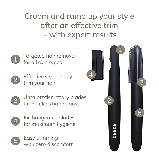 GESKE Precision Trimmer | 4 in 1 | Painless, Hygienic Hair Remover | Precise Hair Trimmer Tool | Face & Body | Men & Women | Grooming Device | Hypoallergenic, Easy-to-exchange Blades | All Skin Types
