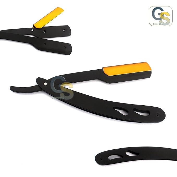 G.S BLACK & GOLD COMBINATION STAINLESS STEEL BARBER EXCHANGEABLE BLADE STRAIGHT EDGE BARBER SHAVING RAZOR -SAFETY RAZOR
