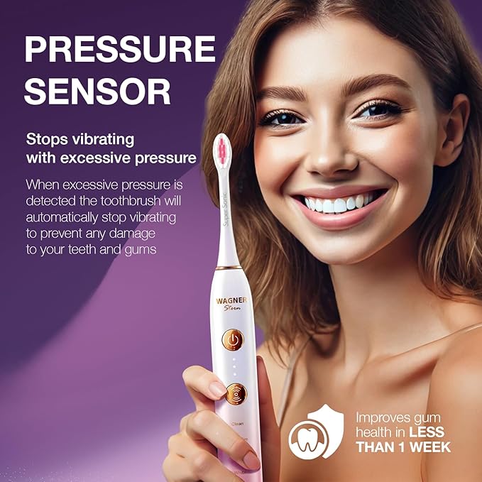 Wagner Stern WT8900 Series Electric Toothbrush – Whitening & Pressure Sensor, 5 Modes, 3 Intensities, 8 Soft Brush Heads, Rechargeable, Travel Case Included