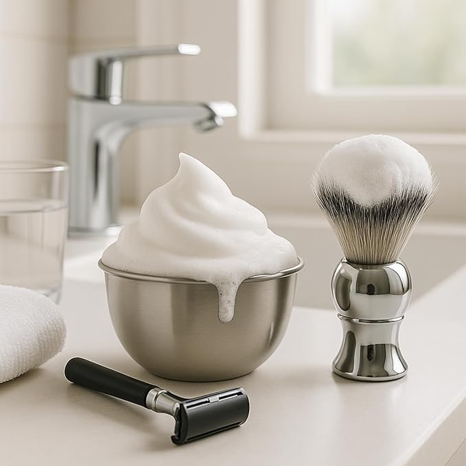 GENTS Men’s Traditional Wet Shaving Kit - 3 Piece Stainless Steel Set with Steel Bowl, Natural Shave Soap & Synthetic Brush - Perfect Grooming Gift