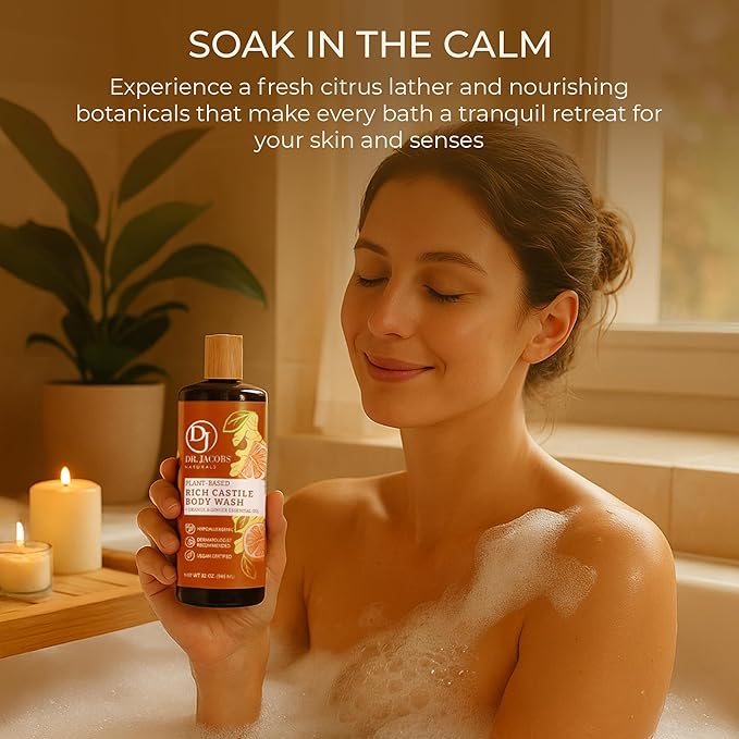 Dr. Jacobs Naturals Pure Castile Soap Liquid Body Wash, Orange & Ginger - Plant Based Soap Infused with Vitamin E & Aloe Vera to Moisturize Dry and Sensitive Skin - Made in The USA - 16 oz