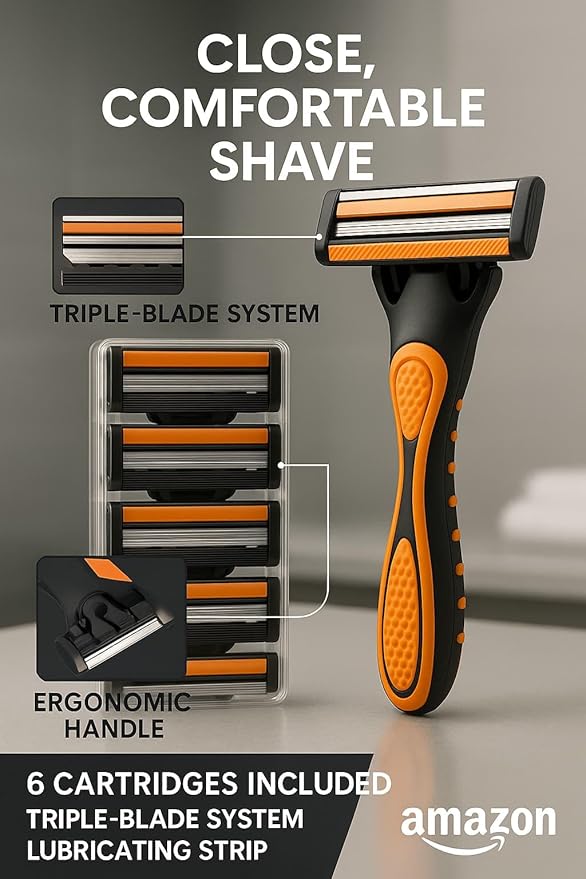 Triple Blade Razor for Men – Lubricating Strip Shaving System with Anti-Slip Handle & 6 Replacement Cartridges – Smooth & Comfortable Shave