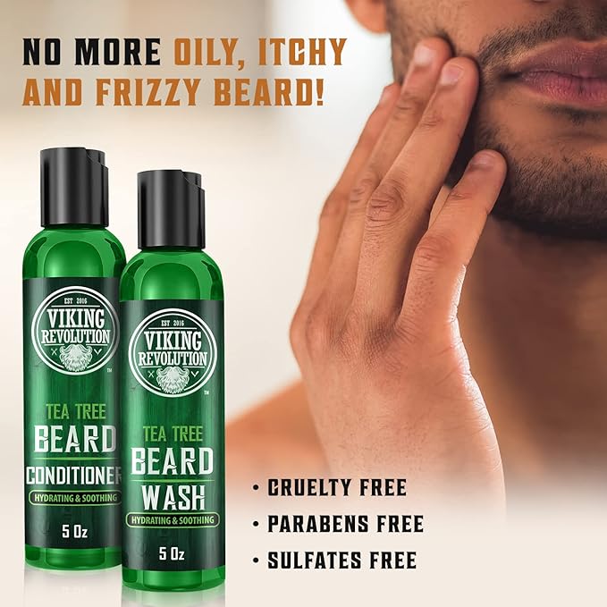 Viking Revolution Tea Tree Beard Wash and Conditioner Set for Men - Natural Beard Softener with Argan Oil, Vitamin E and Ginseng (5 Oz)