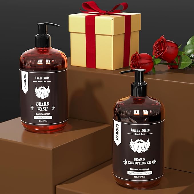 ISNER MILE Beard Wash & Conditioner Set for Men - 17 oz Shampoo with Biotin, Argan & Jojoba Oils for Smooth, Soft, and Strengthened Beard - Sandalwood Scented Grooming Gift