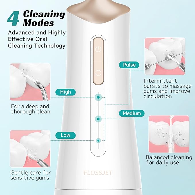 Water Dental Flosser Cordless Oral Irrigator with 300ml 5 Tips 4 Modes USBCharger Portable Travle Irrigation Cleaner IPX7 Electric Irrigador Dental for Teeth Cleaning (White)