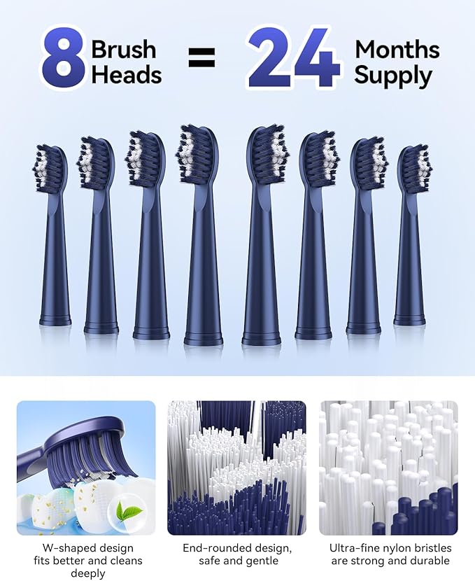 JTF Sonic Electric Toothbrush for Adults & Kids: 5 Modes for Sensitive Teeth, Effective Yet Gentle Cleaning - with 8 Brush Heads & Smart Timer, Rechargeable Portable for Daily Care, Home & Travel Use