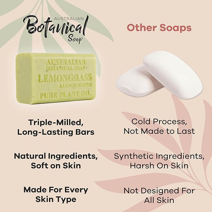 Australian Botanical Soap Lemongrass and Lemon Myrtle 6.6 oz Triple Milled Luxury Soap Bar Enriched with Shea Butter and Natural Oils, Pack of 1
