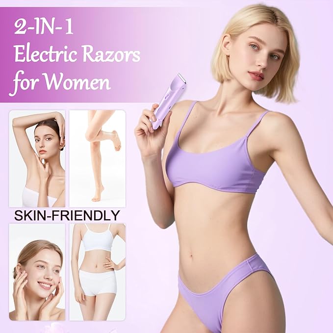 Bikini Trimmer for Women, 2-in-1 Painless Bikini Shaver with Ceramic Blade, Dual-Head Electric Shaver, Ipx7 Waterproof for Shower & Travel, Womens Electric Razor for Armpit Leg Body Facial, Purple