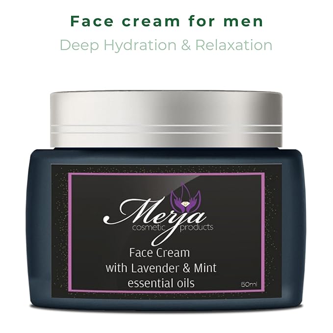 Merja Herbs Moisturizer Cream for Men with Lavender, Mint, Aloe & Collagen -Enhances Skin Elasticity -Light Floral Fragrance 50ml 1.7oz (Pack of 1)