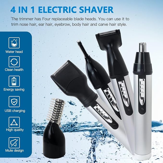 BLUE ELF Superior 4 in 1 Rechargeable Eyebrow Ear Nose Beard Trimmer Set Hair Clipper Shaver USB