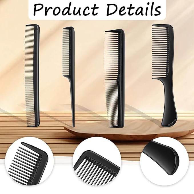 4 PCS Professional Black Combs Set for Women, Stylist Rat Tail Mens Beard Mustache Combs Fine Tooth for All Hair Types, Premium Hair Comb for Teasing and Parting, Everyday Styling