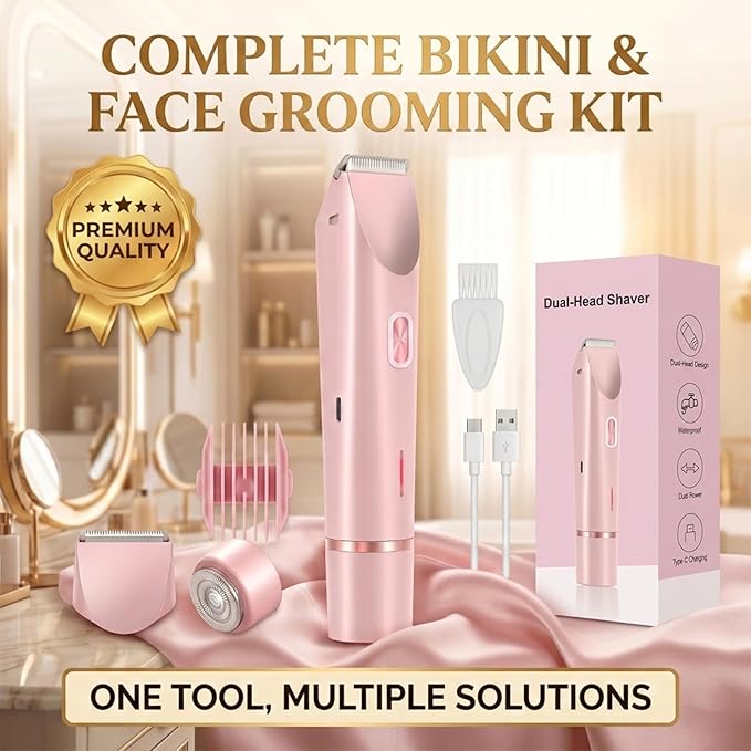 Tanvera Electric Bikini Trimmer for Women | Electric Bikini Trimmer - Cordless Electric Wet & Dry Dual-Head Trimmer for Legs Body Hair | Face Shaver for Women - Ipx7 Waterproof (Pink)
