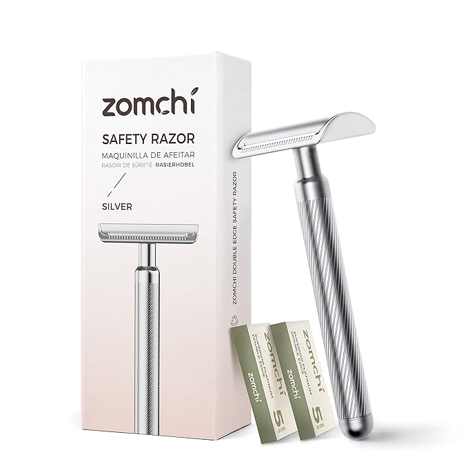 ZOMCHI Double Edge Safety Razor for Men & Women,[New Version 2.0 ] Metal Razor with 10 Double Edge Safety Razor Blades,Single Blade Razor – Noble Silver