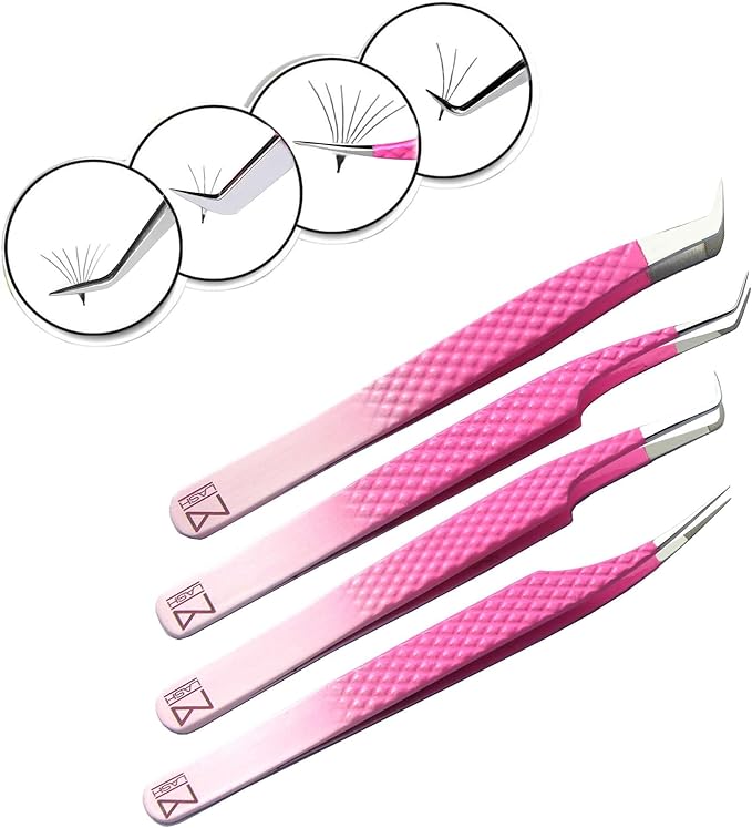 M LASH - V3 Tweezer Set Diamond Grip NANO Fiber Tip - Volume & Classic Eyelash Extensions - Japanese Steel Lash Tool (PW-Ombre)