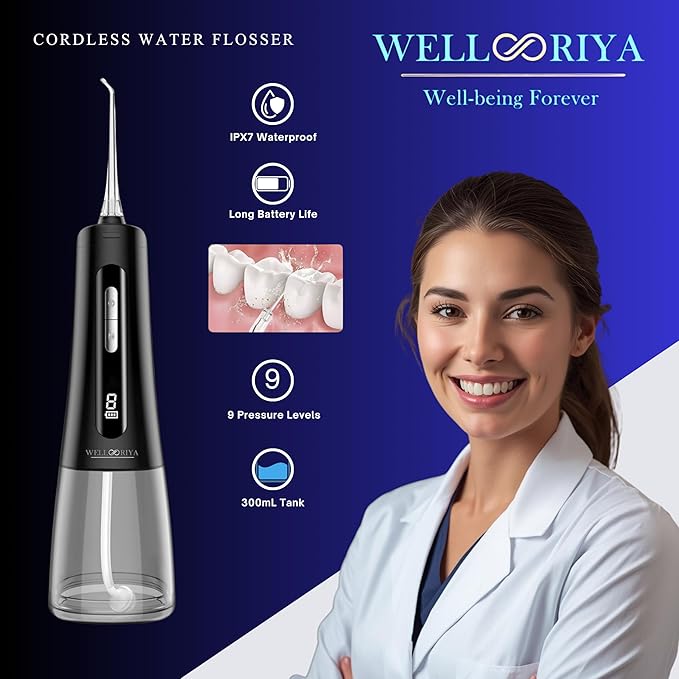 Cordless Water Dental Flosser – Power Dental Flosser for Teeth & Gums, 9 Pressure Levels, 300mL Tank, USB-C Rechargeable Oral Irrigator, IPX7 Waterproof for Braces & Travel – Wellooriya (Black)