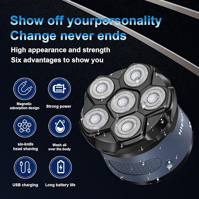 HIENA PRO Head Shaver for Bald Men - 6D Magnetic Rotating Shaver, Rechargeable Bald Head Razor Kit, Waterproof Electric Razor with LED Display (Blue)