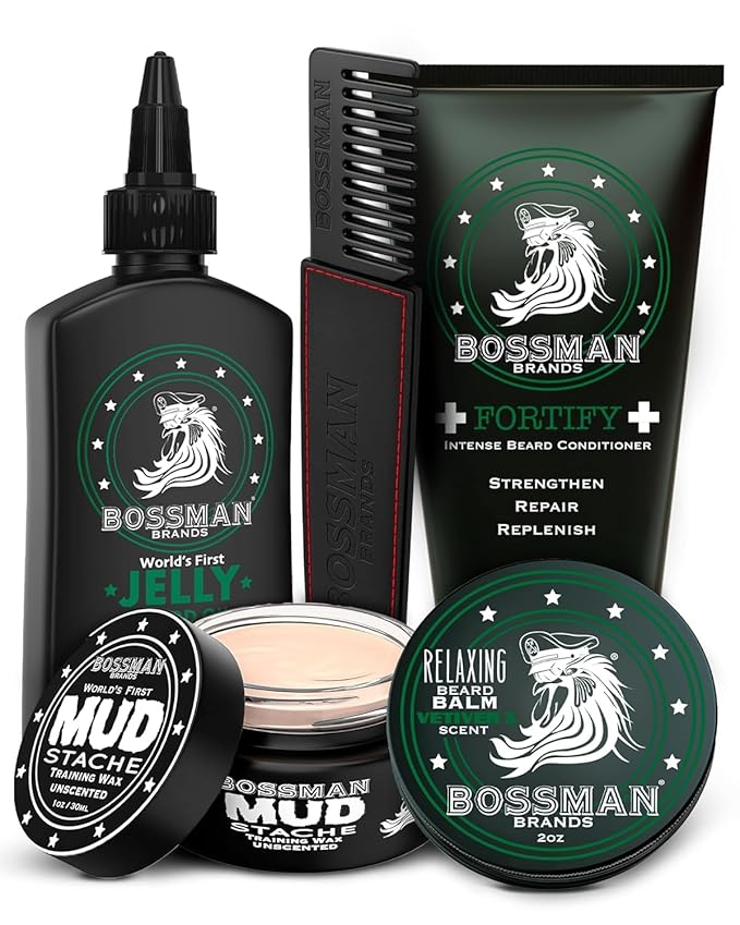 Bossman Complete Beard Kit – Men's Beard Oil Jelly, Fortifying Shower Conditioner, Balm, Mustache Wax & Comb – Beard Softener & Grooming Care – Men Gift Set (Vetiver X Scented)