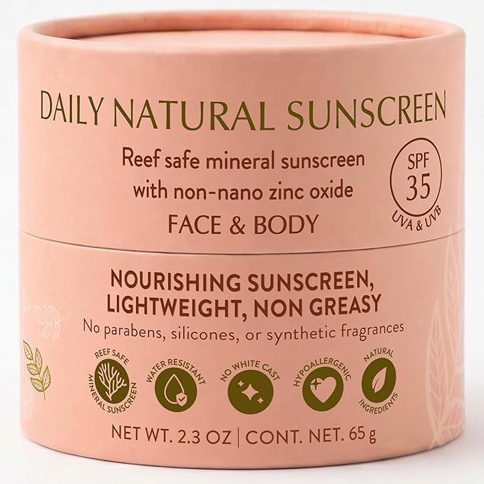 NATÚ BOTANICALS Daily Natural Body & Face Sunscreen SPF 35 – Mineral Zinc Oxide Sunblock Lotion - Broad-Spectrum UVA & UVB Protection - No White Cast, Water Resistant, and Mineral Sunscreen, 2.3oz