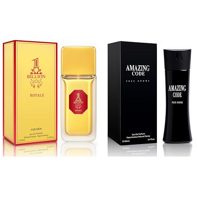 META-BOSEM Men's Perfume Gift Set, EDP, 2 Pack (3.4 oz / 100 mL each), 1 Billion Royale, Amazing Code, Warm Spicy & Spicy Amber, for night out & date night & evening events, Long-Lasting, Gift Ready