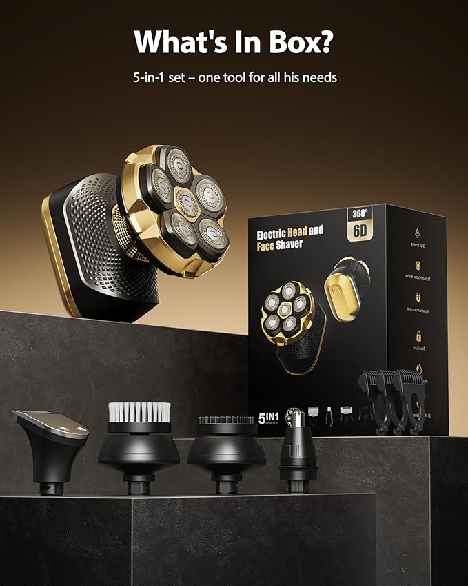 2026 New Head Shaver for Bald Men - Trimcoo 5-in-1 Magnetic Electric Trimmer with Titanium Blades | Gentle on Sensitive Scalp | IPX7 Waterproof, Powerful 8500 RPM, USB-C Charge & LED Display (Gold)