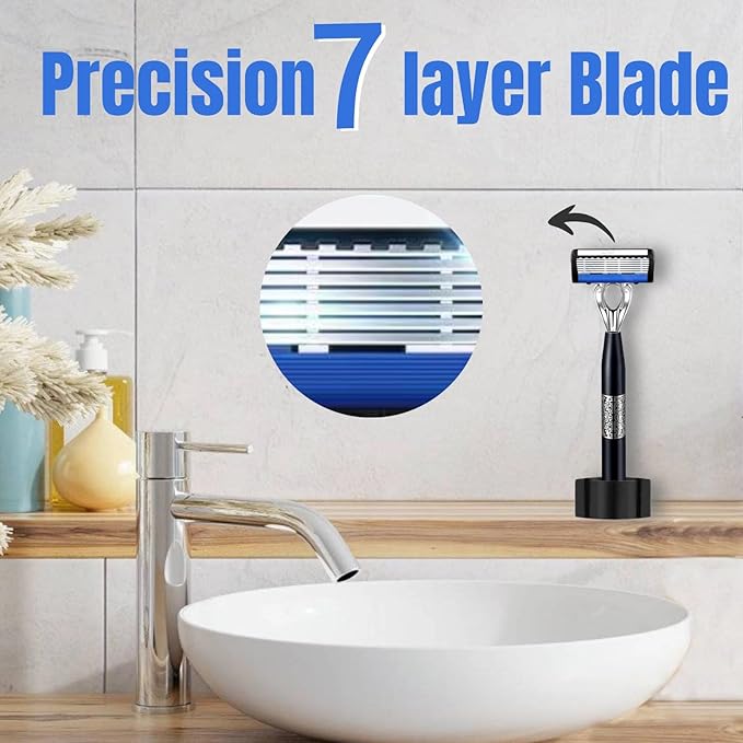 7-Blade Razor for Men, Men's Manual Refill Cartridges Razors Kit, Dual Lubrication Precision Beard Trimmer, Safety Men's Shaving Essentials Kit for Smooth and Comfortable Shave (1 Razor + 18 Blade)