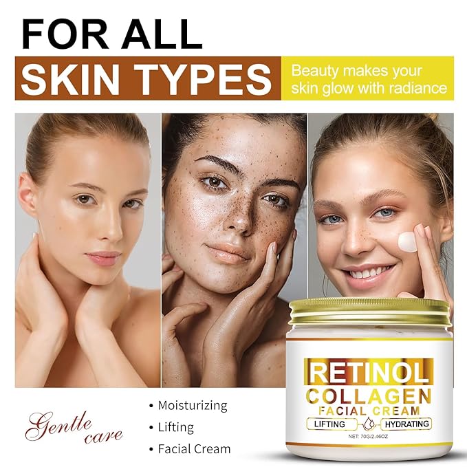 Retinol Collagen Cream, Lift and Firm Skin, Fade Fine Lines, Men's and Women's Day and Night Face Anti-Wrinkle Moisturizer Cream，Suitable for All Skin Types，2.46 OZ