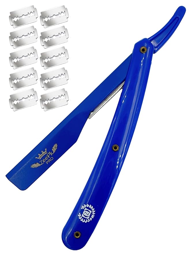 Barbero Cuchilla Barber Razor Navaja Straight Clean Shave Free Blades Salon Shaving Classic Stainless Steel (Blue Razor Holder)