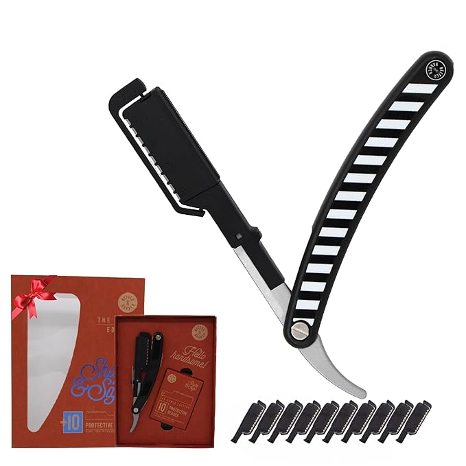 Homie Patented Straight Edge Razors for Men, Close Shaving Razor for Beard with 11 Disposable Blades, Easy to Use and Replace Single Edge Razor Blades with Protective Layer & Safety Lock - Black Zebra