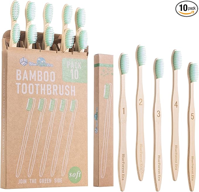 Bamboo Toothbrushes 10 Count Set, BPA Free Soft PBT Bristles, Natural Eco-Friendly Wooden Toothbrush, Organic Biodegradable Travel Tooth Brush for Adults