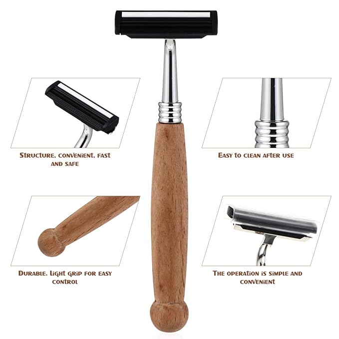 Beaupretty Bamboo Handle Safety Razor for Men Reusable Single Blade Manual Shaver Smooth Close Shaving Experience Comfortable Grip 5.11 Inch