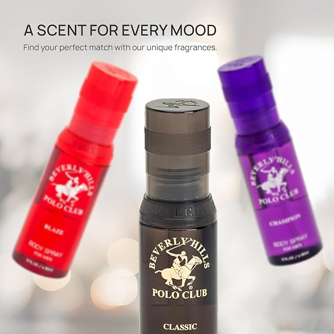 Beverly Hills Polo Club Men's Luxury Body Spray Gift Set - 3 x 3oz Designer Cologne Scents for Dynamic Freshness, Confidence & Active Lifestyles | Gold Collection Ideal for Gifting