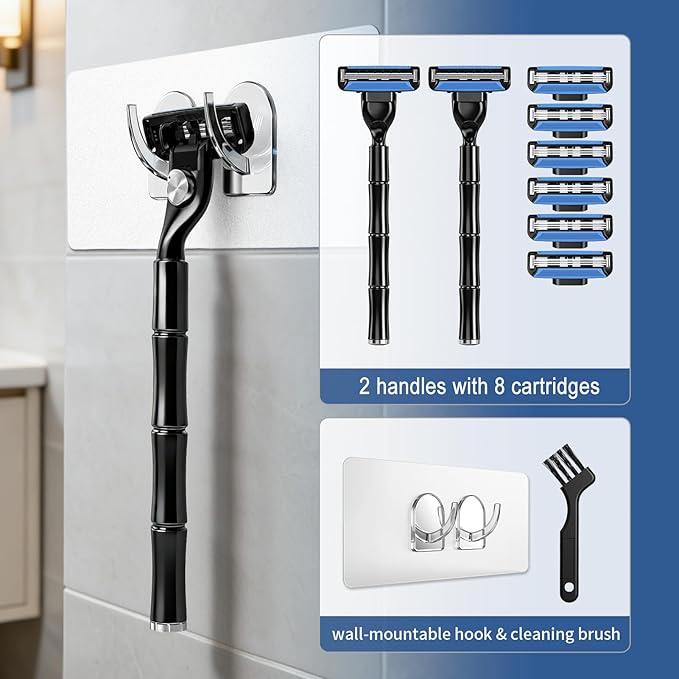 3-Blade Men Razor with Lubricating Strip & Pivoting Head - Safety Razor Blades Kit Includes 2 Handles, 8 Razor Blade Refills, Wall Hook & Cleaning Brush