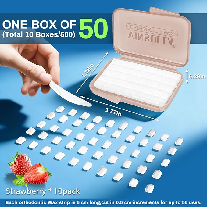 VINSULLA Orthodontic Wax for Braces - 500 Precut Dental Wax Dots Strawberry Flavor Braces Wax Strips, Safe for Kids & Adults, Wax for Dental Brackets & Aligners 10Pack