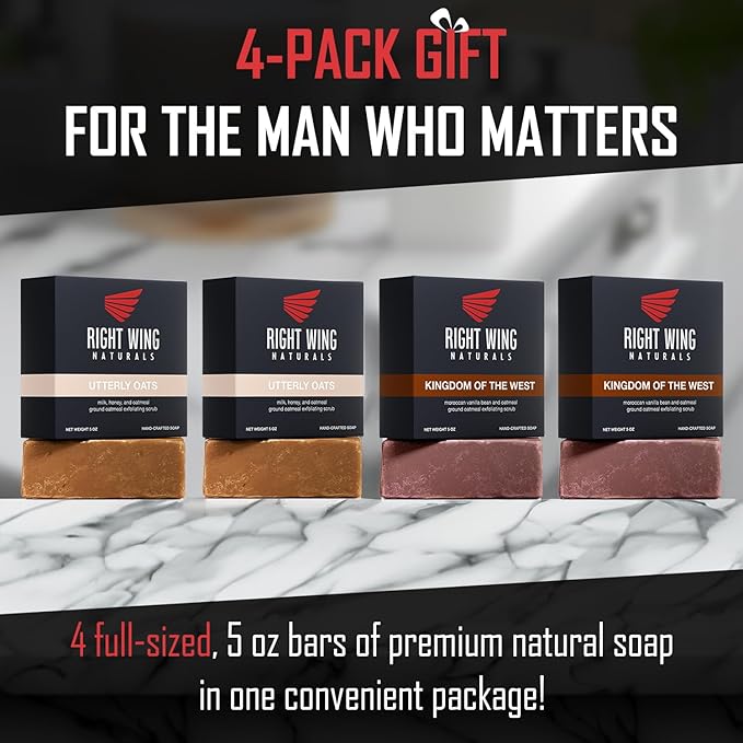 Right Wing Naturals Bar Soap Gift Set for Men | Handcrafted Cold-Pressed | Handmade Organic Soap for Men | Most Popular Flavors | Natural Scented Men’s Bar Soap| Pack of 4 Bars
