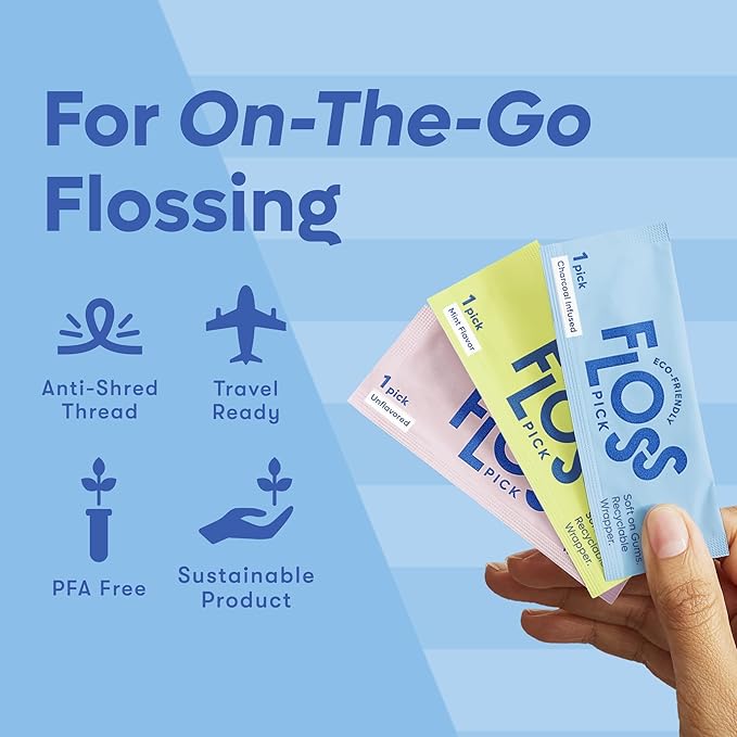 Individually Wrapped Dental Floss Picks (50ct) - Eco-Friendly Flosser Handle Made with Straw Wheat Blend | Great for Travel | PFA Free | Toothpick Stick End | Bamboo Charcoal Thread Whitens Teeth