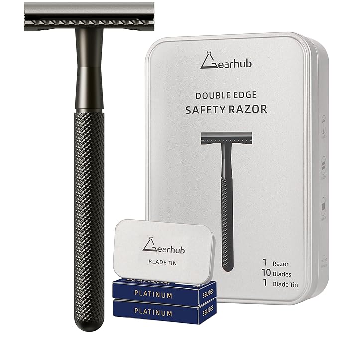 Gearhub Double Edge Safety Razor Stainless Steel Metal Reusable Wet Shaving Razor with 10 Swedish Platinum Blades for Men Women Barber Bikini Armpit Hair, Matte Black GRB3G