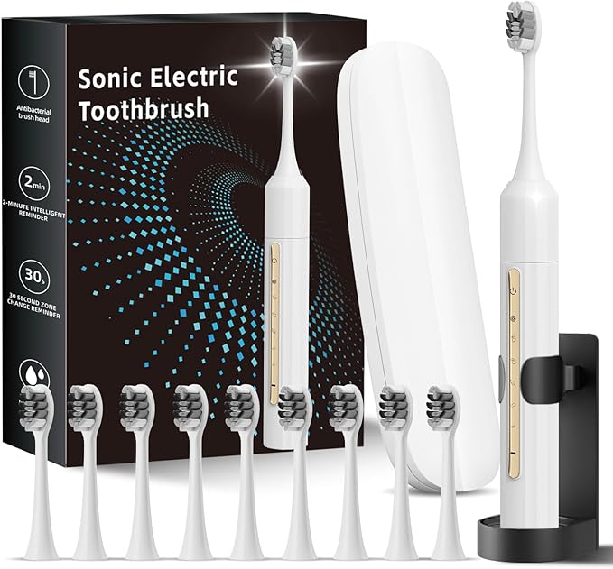 Sonic Electric Toothbrush with 10 Brush Heads for Adults and Children, Up to 90 Days on a Single Charge, 5 Modes, Built-in 2-Minute Smart Timer, IPX8 Waterproof Electric Toothbrush (White)